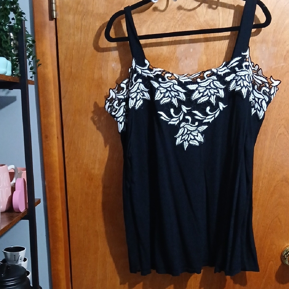 INC International Concepts Black Top with White Embroidery - Picture 2 of 5